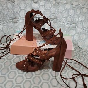 Brown Lace up Fringe Amanda Heels